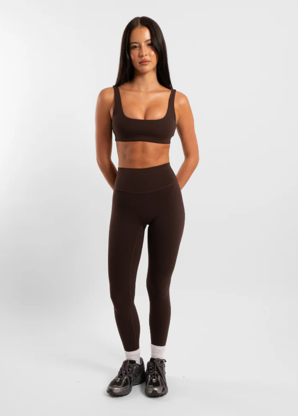 Active Basics NotYourBasic Square Neck Crop in Chocolate, full outfit on model
