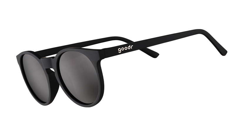 Goodr Circle G It's Not Black It's Obsidian round sunglasses – black frame, black polarised lenses, side view