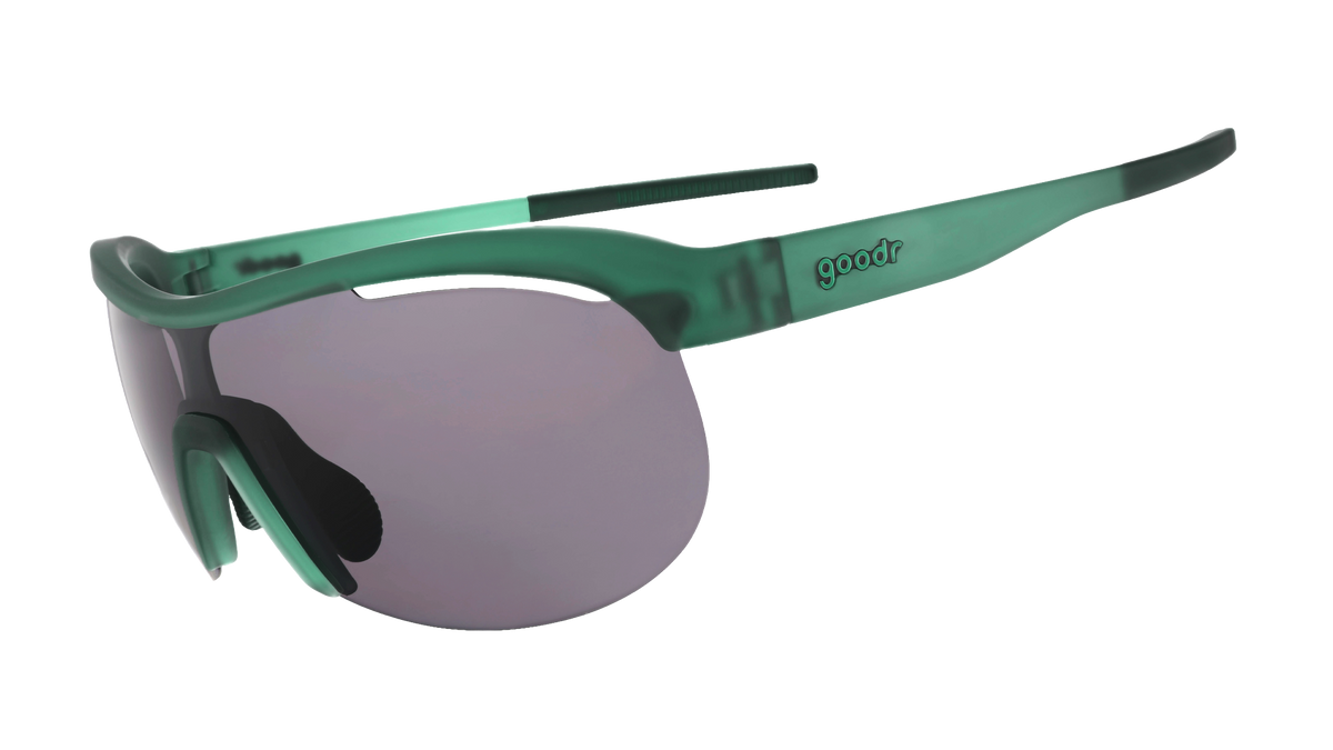 Goodr Sonic G Moonlit Meadow Secrets running sunglasses – dark green frame, black polarised lenses, side view