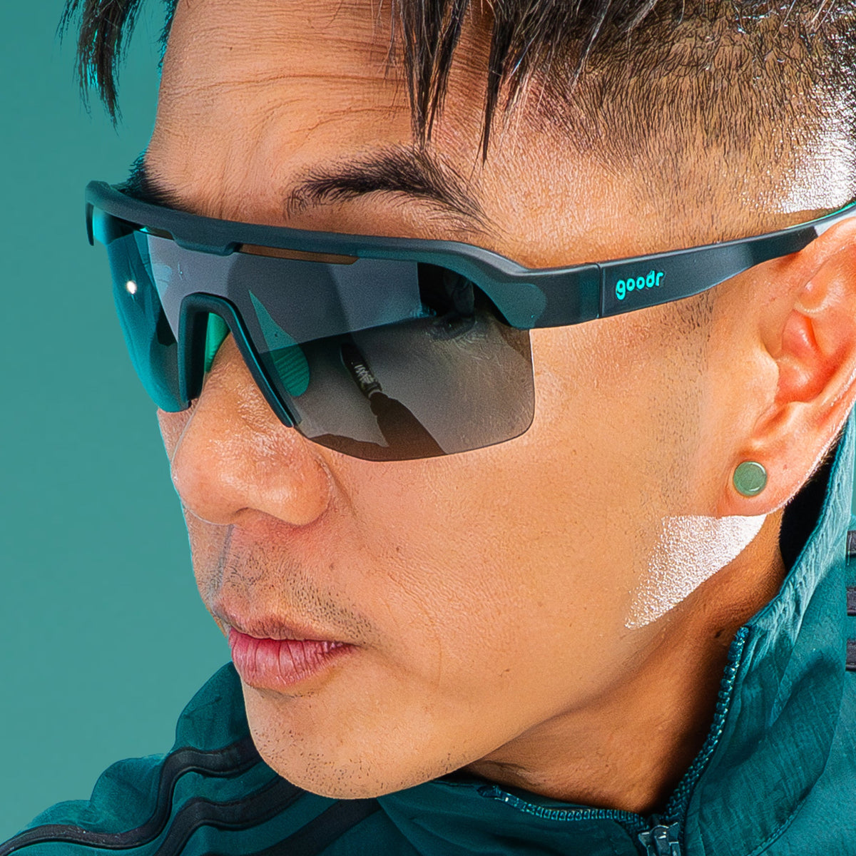 Goodr Bolt G Electric Zen Machine sunglasses worn outdoors