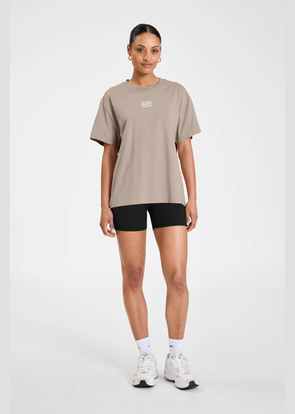 ALLFENIX Waves Logo Tee in Taupe, full outfit from front