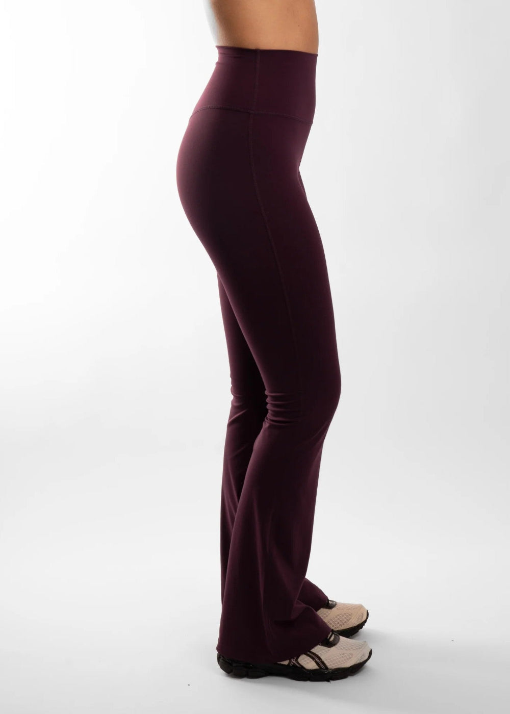 Active Basics NotYourBasic Invisible Scrunch Flares in Plum, side view showing flared leg