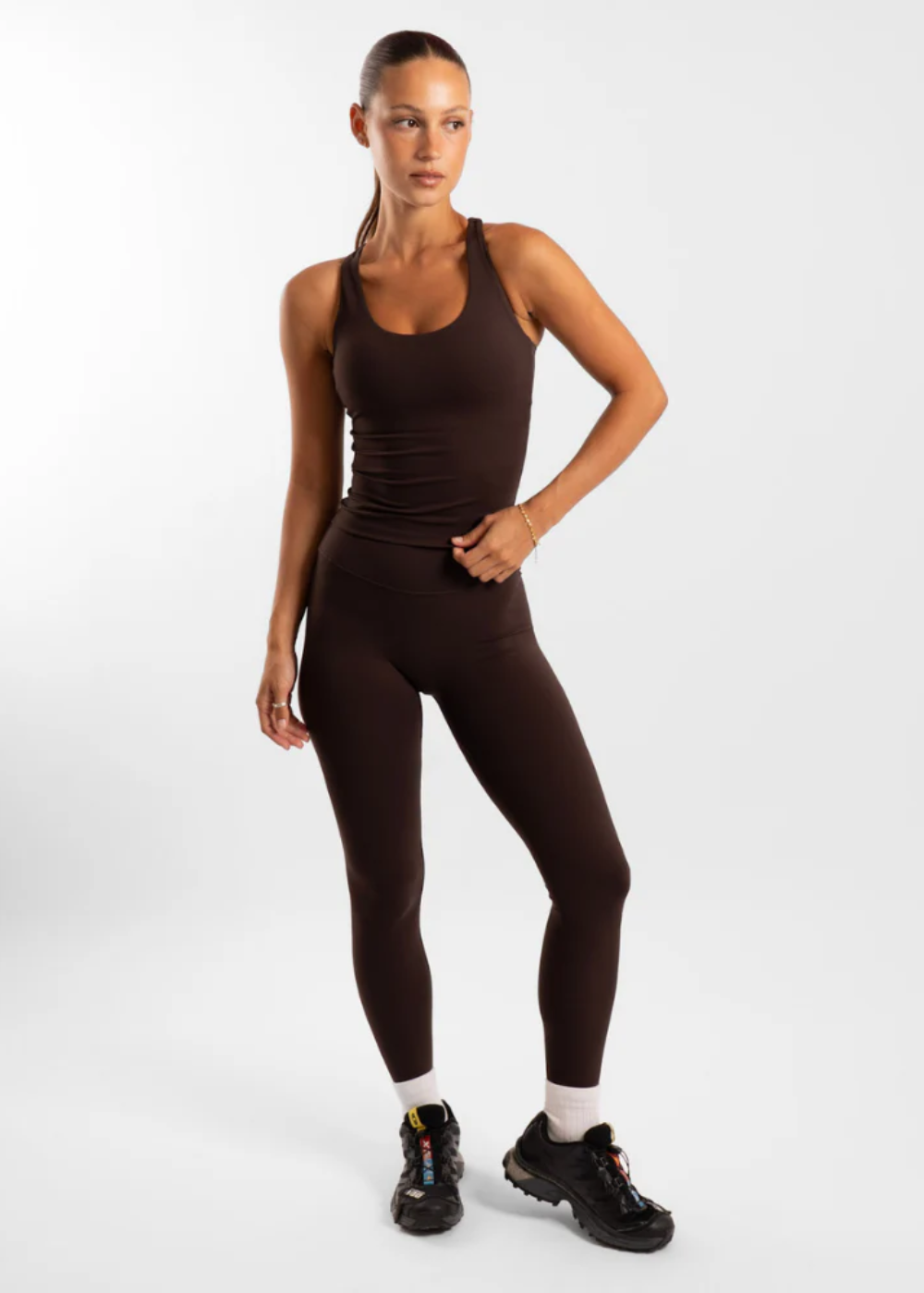 Active Basics Performa High Waisted Leggings in Chocolate, full outfit on model