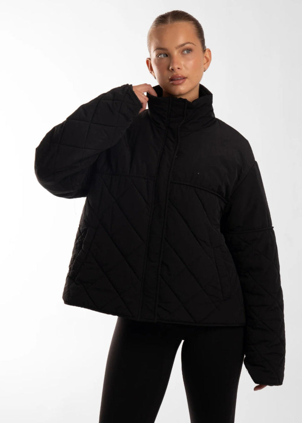 Active Basics Quilted Puffer Jacket in Onyx, front view on model