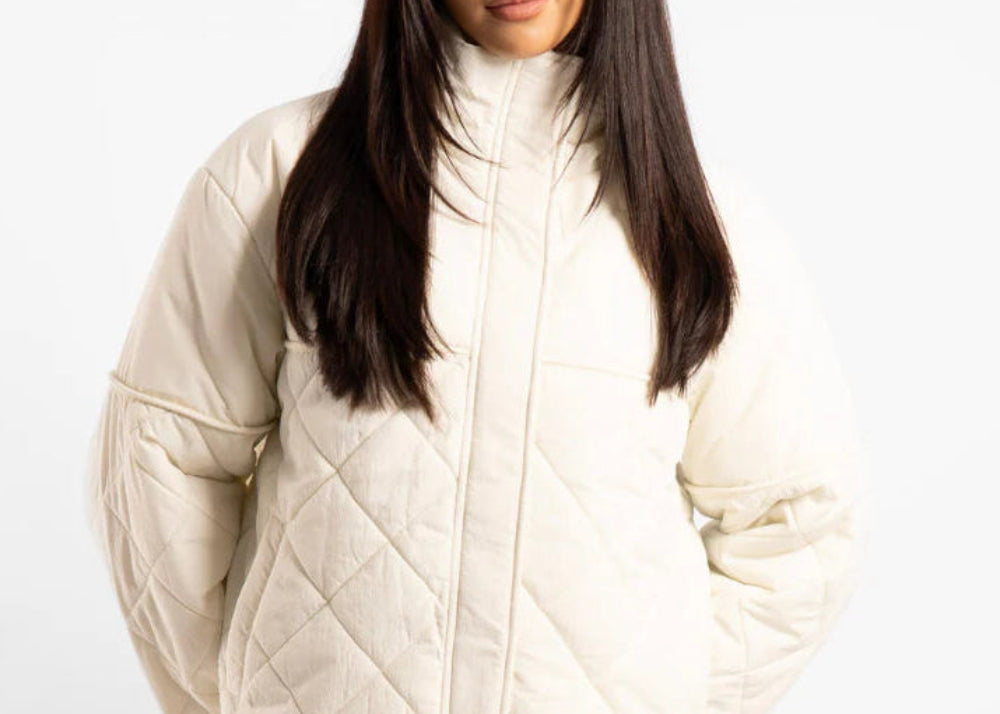 Active Basics Quilted Puffer Jacket in Off-White, front view on model
