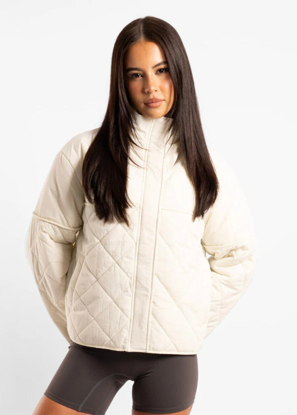 Active Basics Quilted Puffer Jacket in Off-White, front view on model