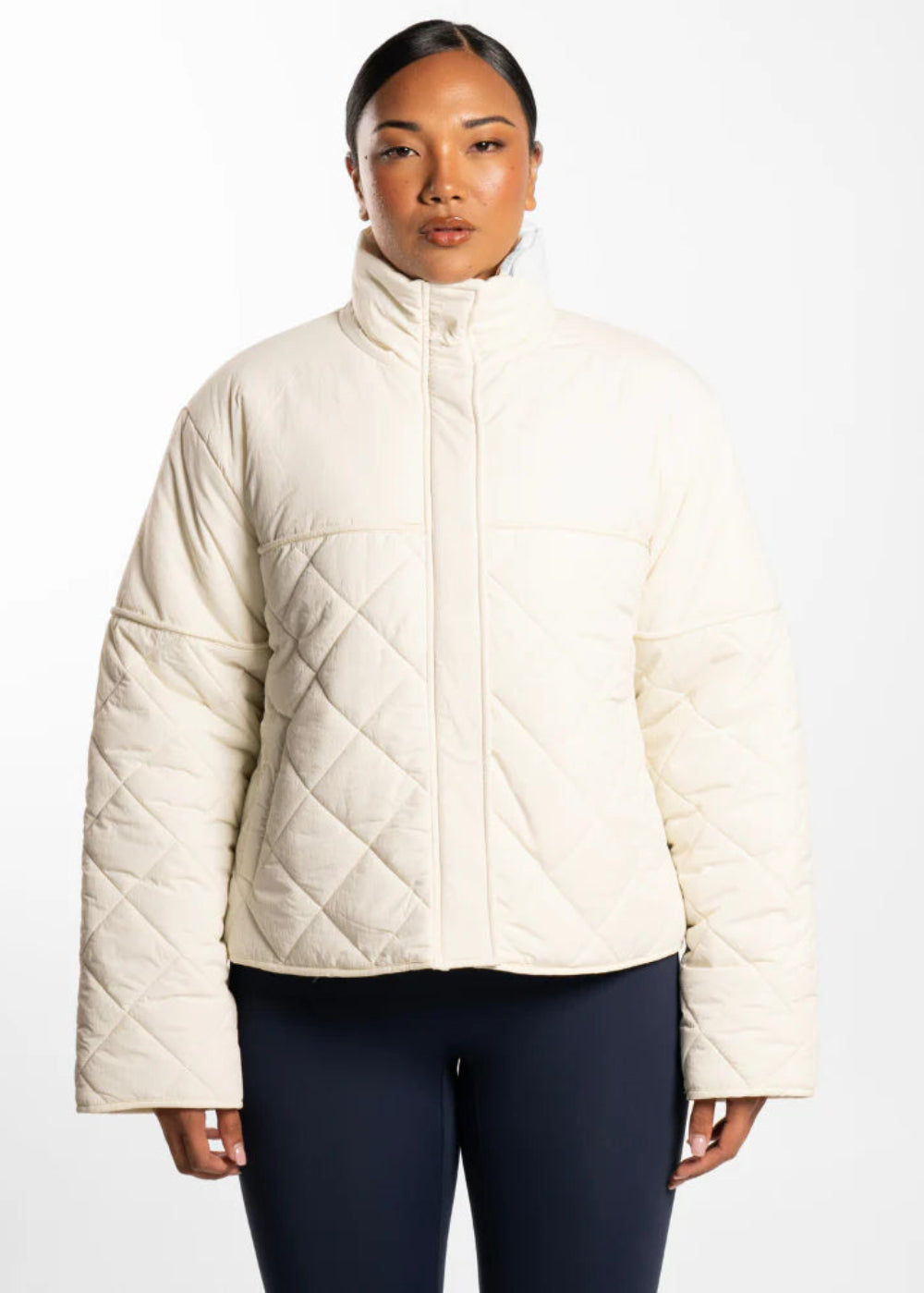 Active Basics Quilted Puffer Jacket in Off-White, front view