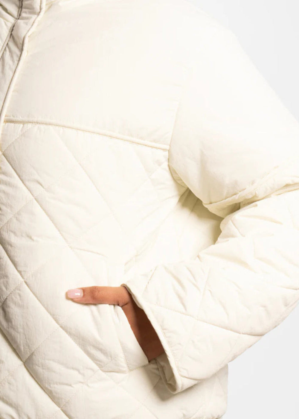 Active Basics Quilted Puffer Jacket in Off-White, quilted sleeve and pocket detail