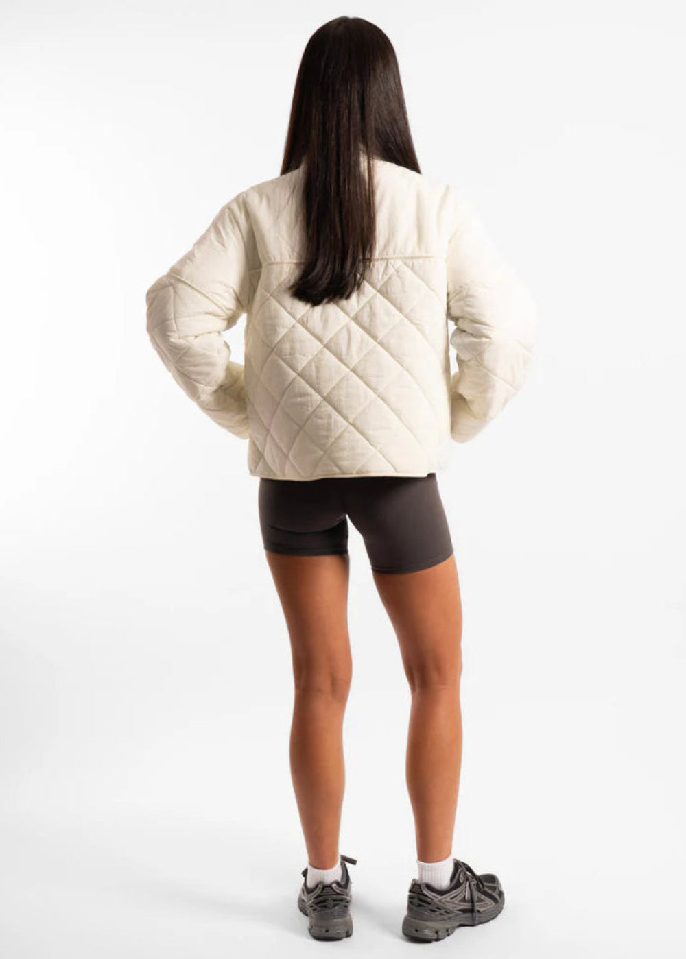 Active Basics Quilted Puffer Jacket in Off-White, full outfit from back