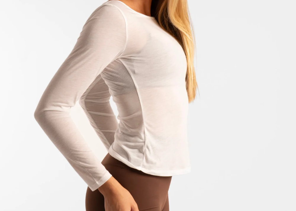 Active Basics Sheer Long Sleeve top in Arctic, side view on model