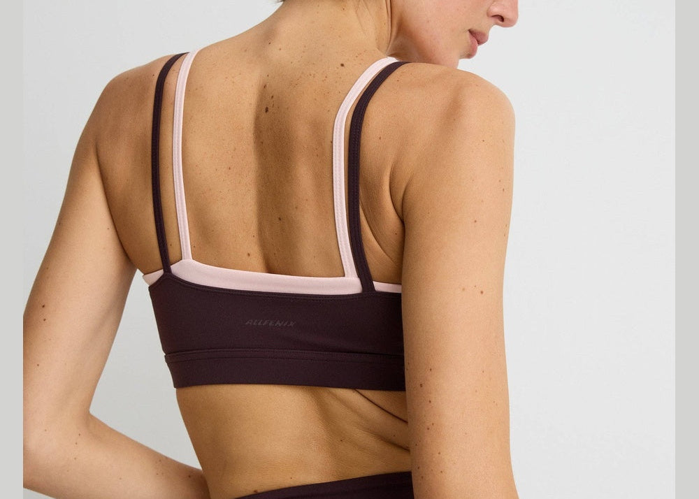 ALLFENIX CloudCore™ Contrast Double Layer Sports Bra – Double Espresso/Rose Quartz – back strap detail