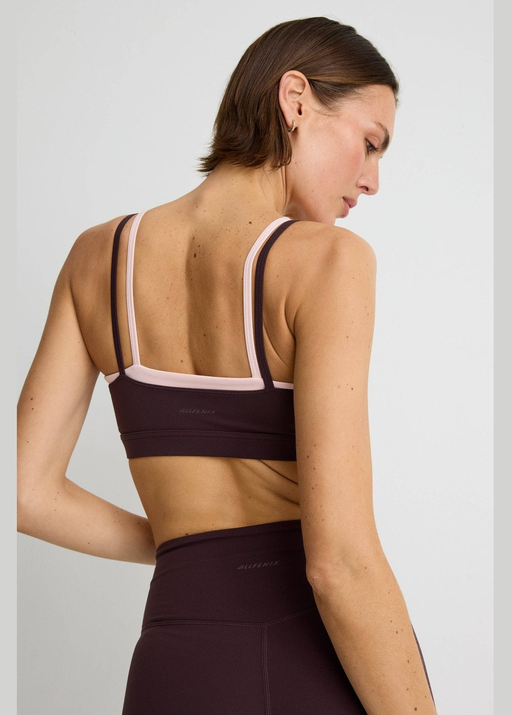 ALLFENIX CloudCore™ Contrast Double Layer Sports Bra – Double Espresso/Rose Quartz – back strap detail