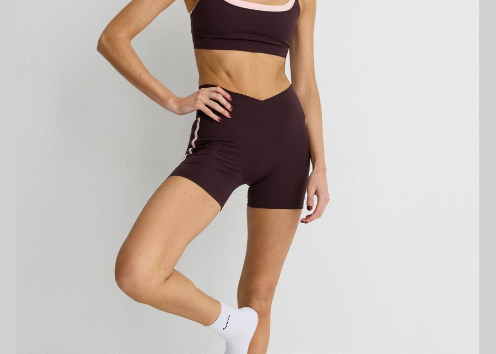 ALLFENIX CloudCore™ Contrast Double Layer Sports Bra – Double Espresso/Rose Quartz – front view
