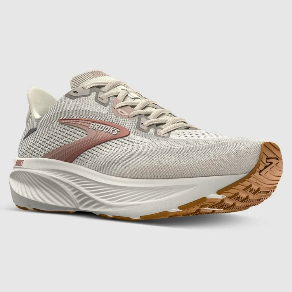 Brooks Adrenaline GTS running shoe in light gray and white with a dusty rose logo and a brown outsole, shown from a side profile on a light gray background.