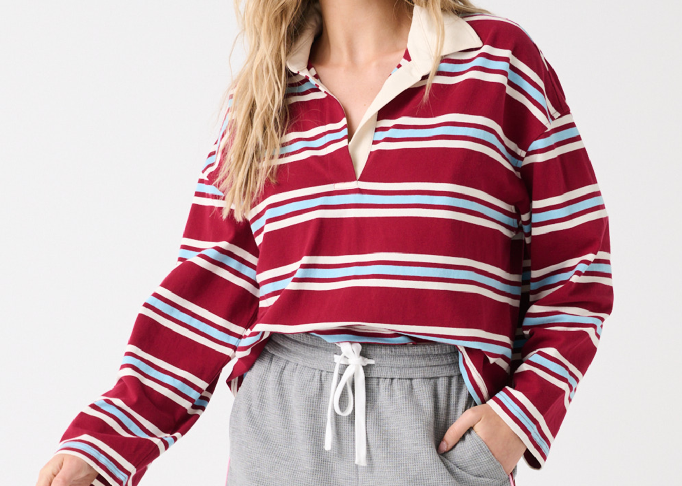 Cartel & Willow Alisa Rugby Tee in Raspberry Stripe with Nia Short in Grey Marle