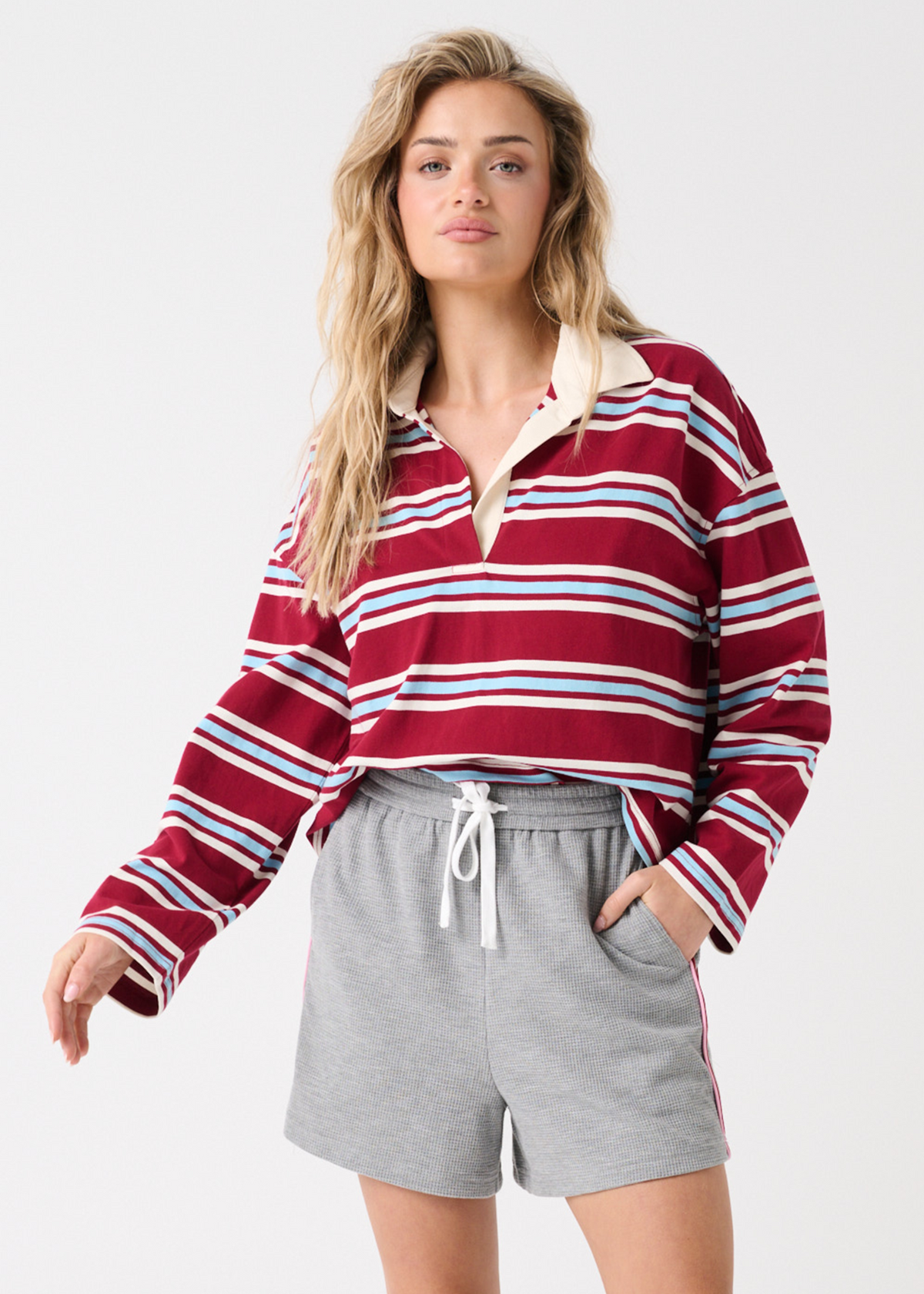 Cartel & Willow Alisa Rugby Tee in Raspberry Stripe with Nia Short in Grey Marle