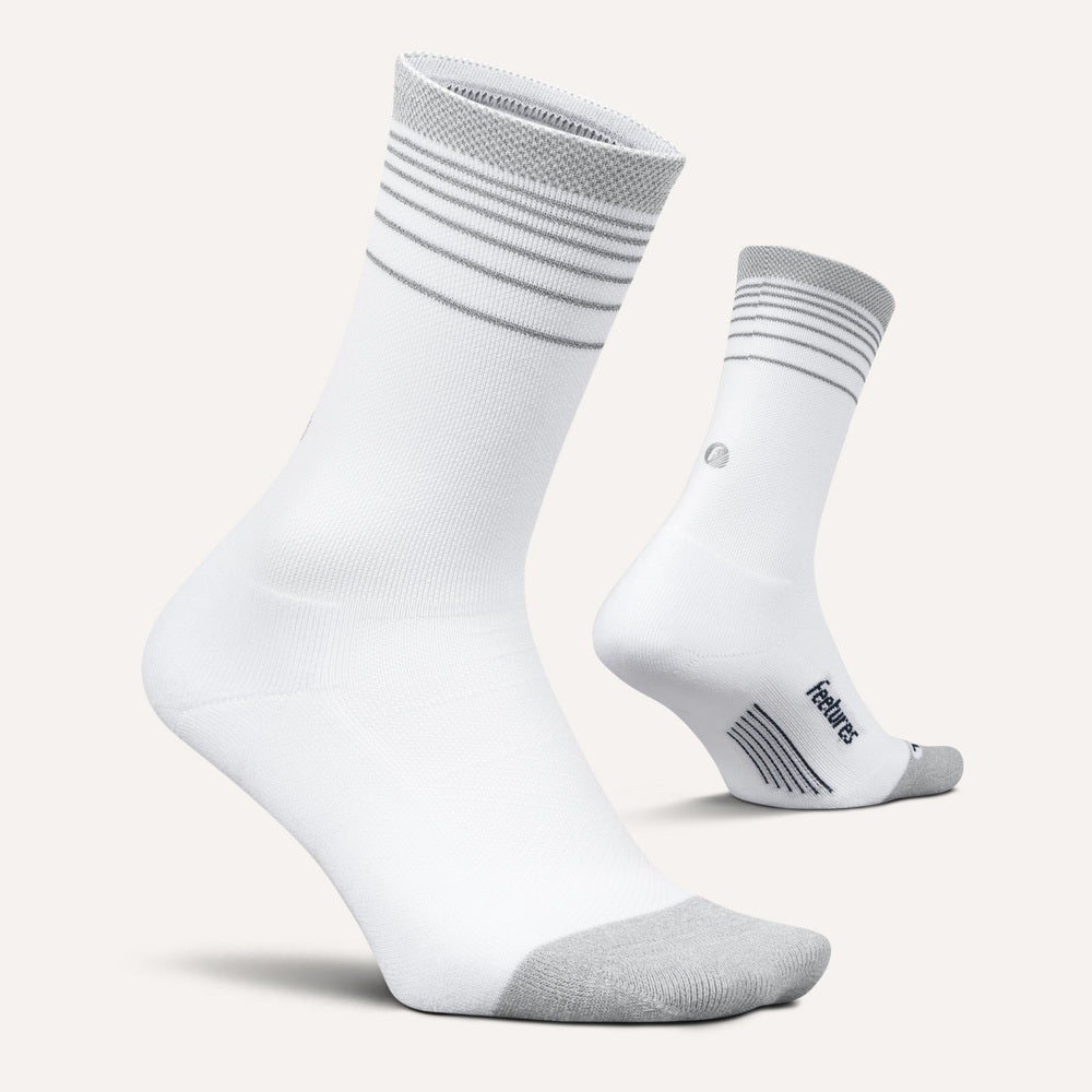 Feetures Elite Light Cushion Reflective Mini Crew Socks – White Flash – pair view
