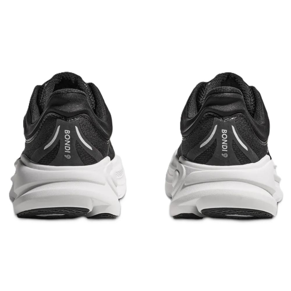 HOKA Bondi 9 Men’s X-Wide Black and White running shoe back view