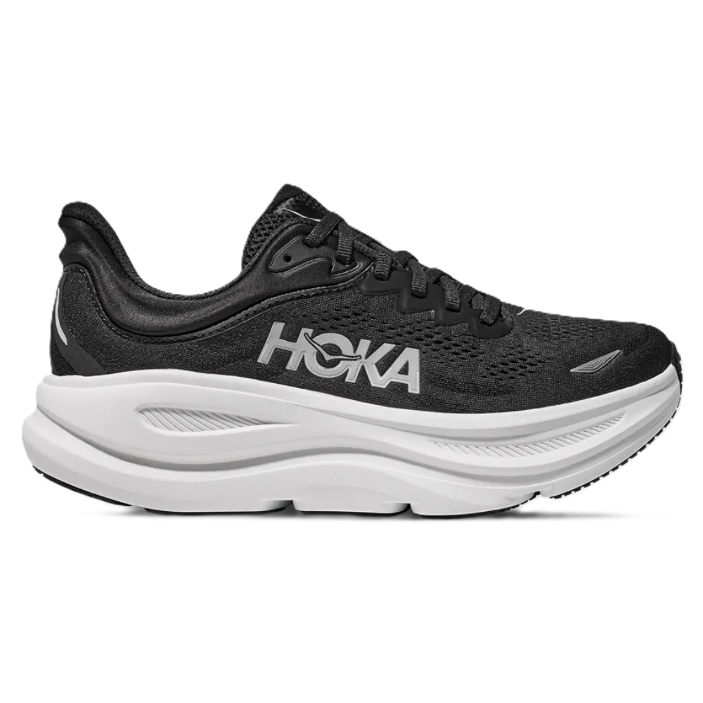 HOKA Bondi 9 Men’s X-Wide Black and White running shoe side view