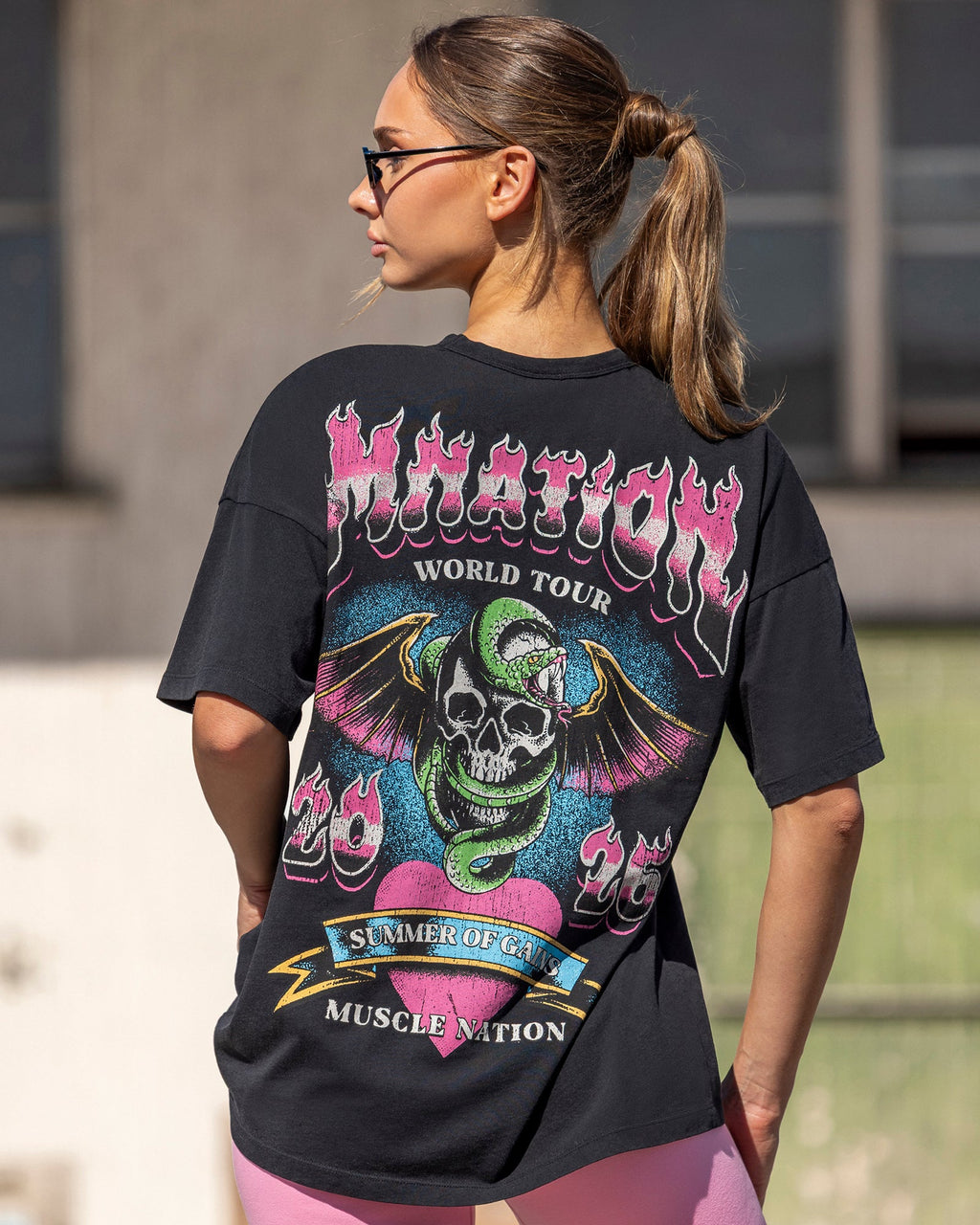 Muscle Nation On Tour oversized tee – Washed Black – product view 1