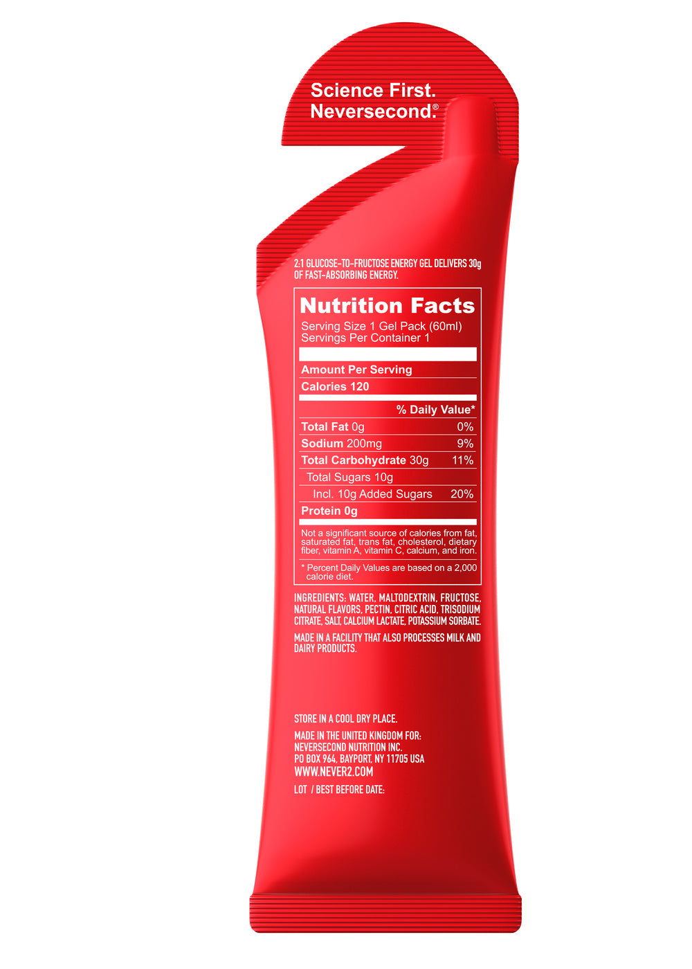 Neversecond C30 Berry 60mL energy gel – back of packet with nutrition and ingredients