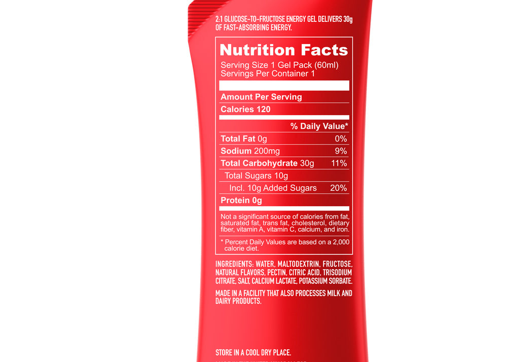 Neversecond C30 Berry 60mL energy gel – back of packet with nutrition and ingredients