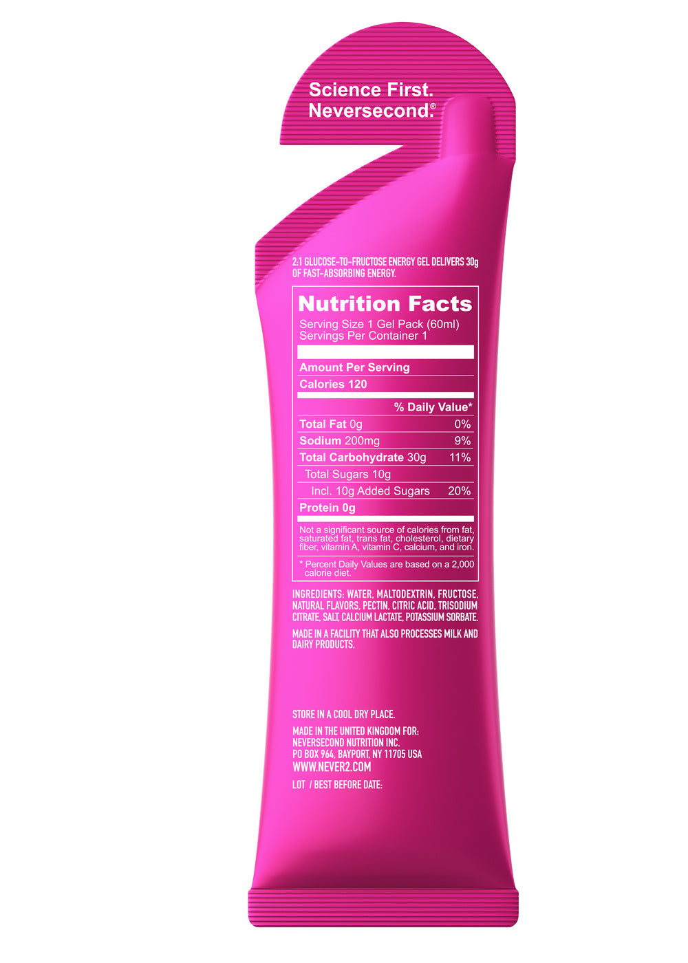 Neversecond C30 Passion Fruit 60mL energy gel – back of packet with nutrition and ingredients