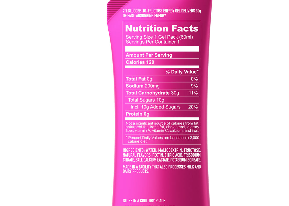 Neversecond C30 Passion Fruit 60mL energy gel – back of packet with nutrition and ingredients