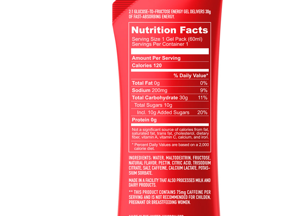 Neversecond C30+ Berry 60mL caffeinated energy gel – back of packet with nutrition and ingredients