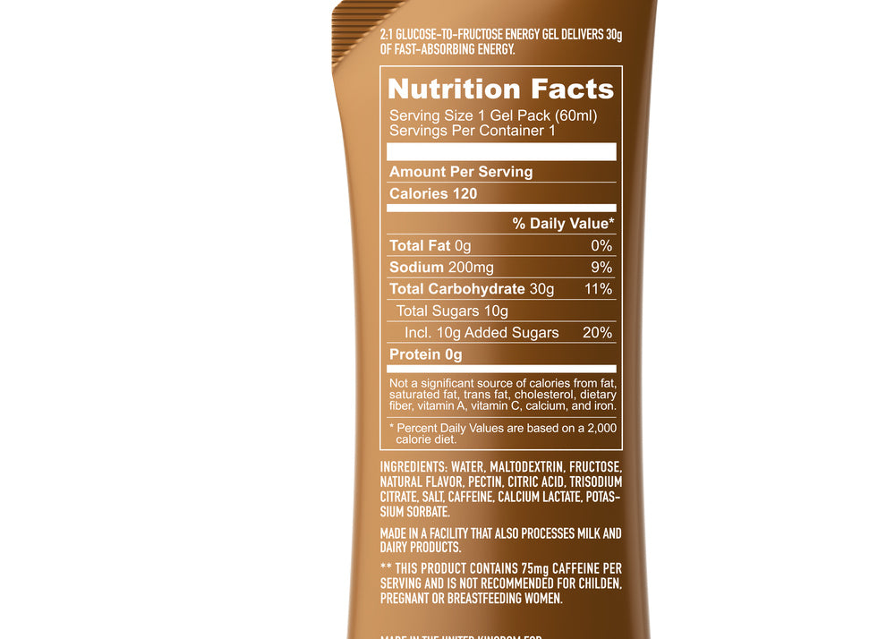 Neversecond C30+ Cola 60mL caffeinated energy gel – back of packet with nutrition and ingredients