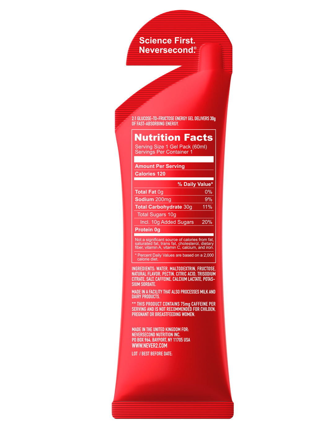 Neversecond C30+ Berry 60mL caffeinated energy gel – back of packet with nutrition and ingredients