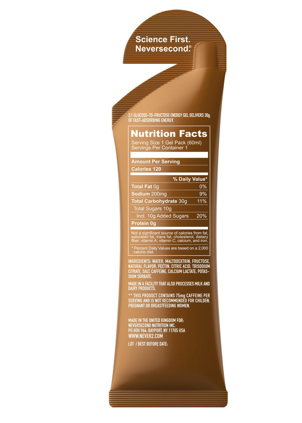Neversecond C30+ Cola 60mL caffeinated energy gel – back of packet with nutrition and ingredients