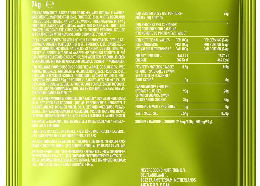 Neversecond C90 Citrus 94g high-carb drink mix sachet – back of packet with nutrition and ingredients