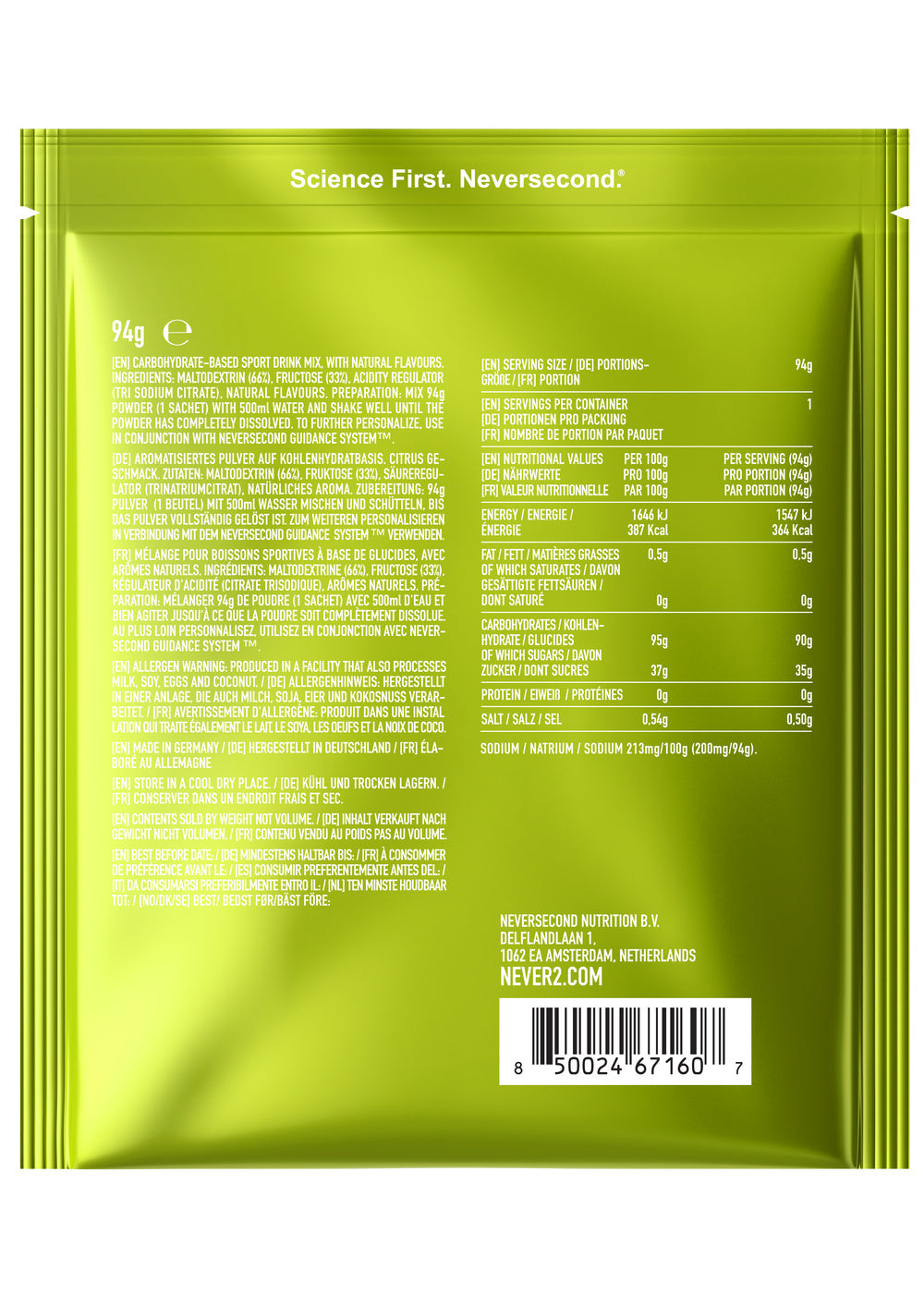 Neversecond C90 Citrus 94g high-carb drink mix sachet – back of packet with nutrition and ingredients