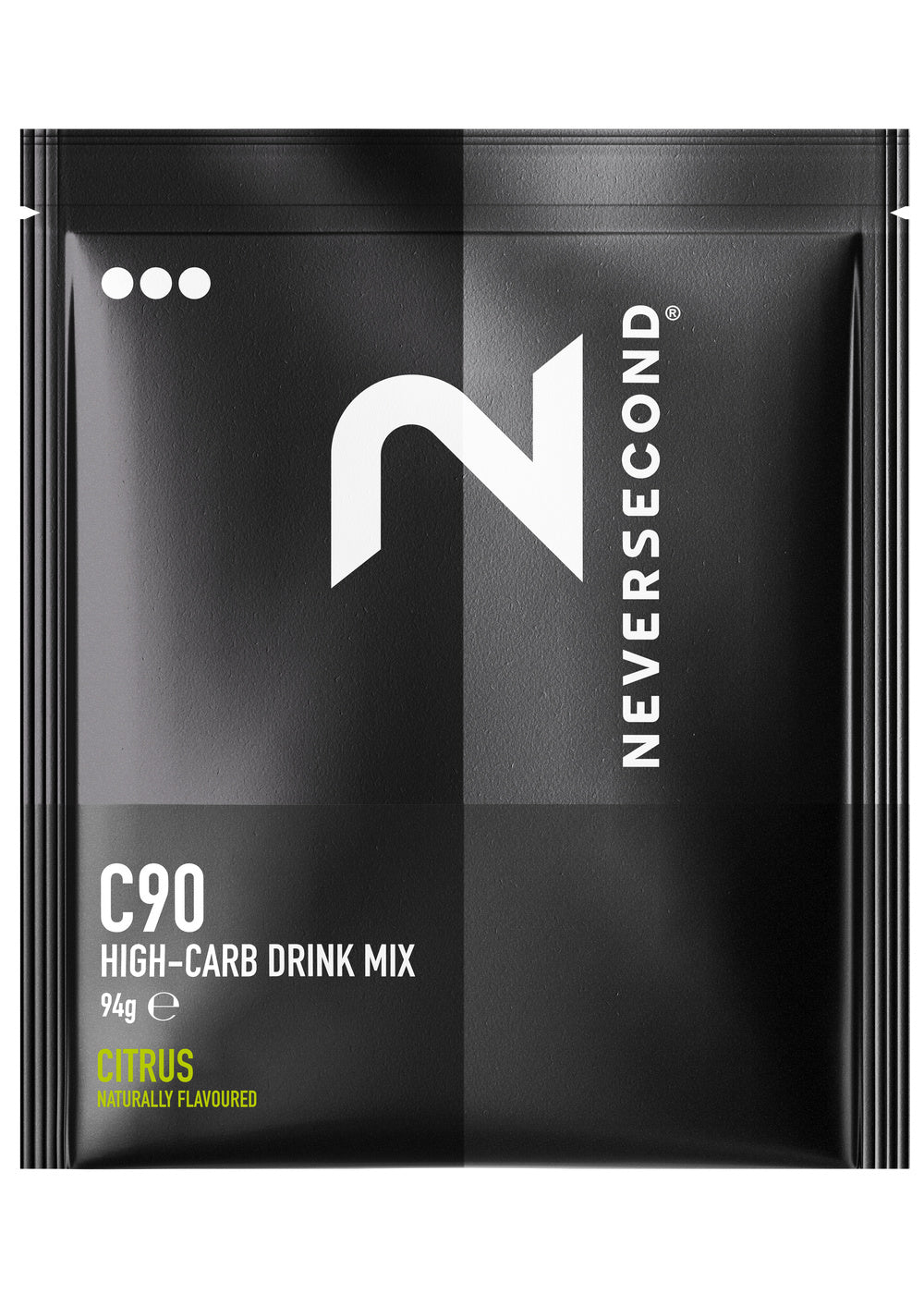 Neversecond C90 Citrus 94g high-carb drink mix sachet – front of packet