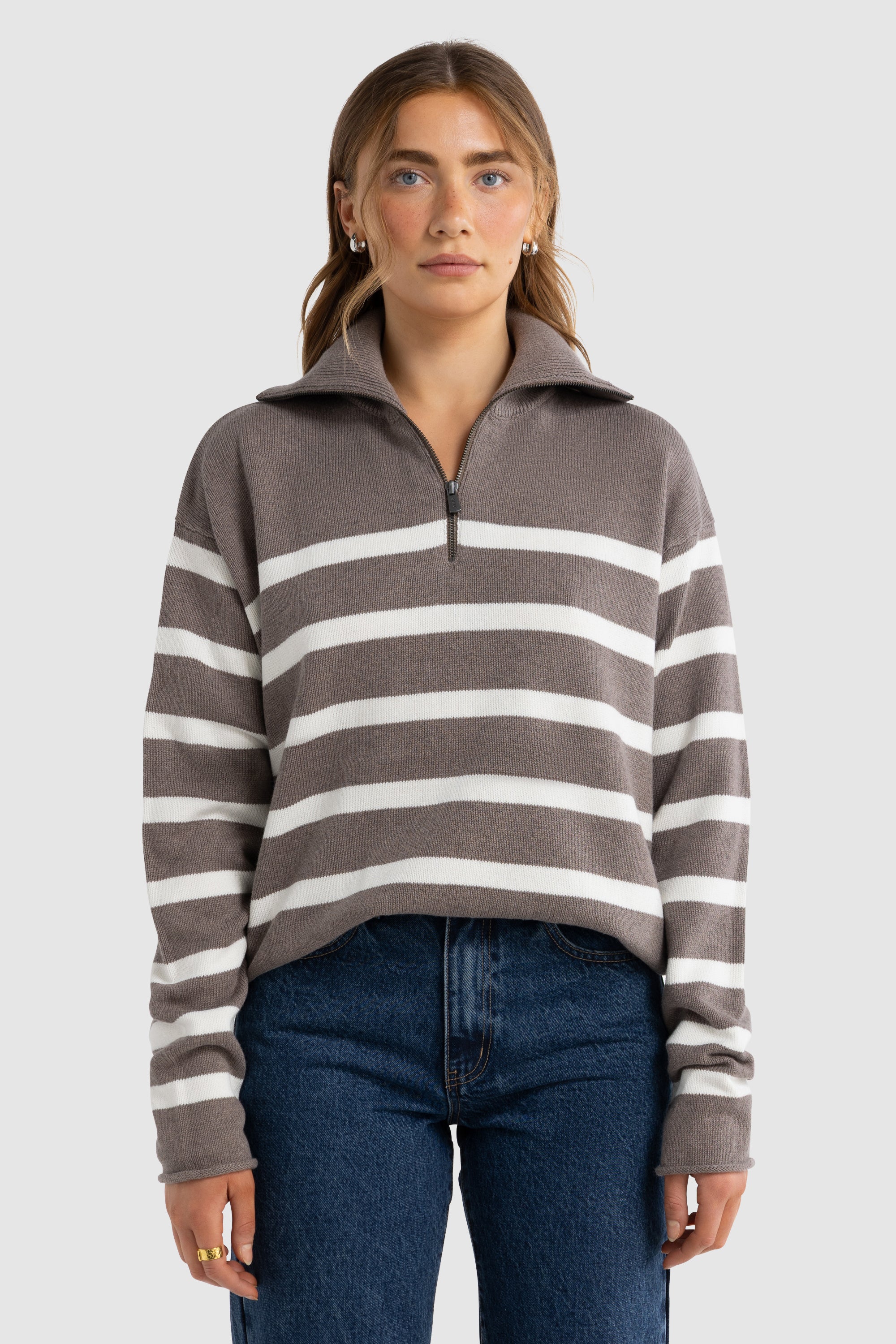 ORTC Astrid Knit Quarter Zip - Espresso Stripe – True Stryde