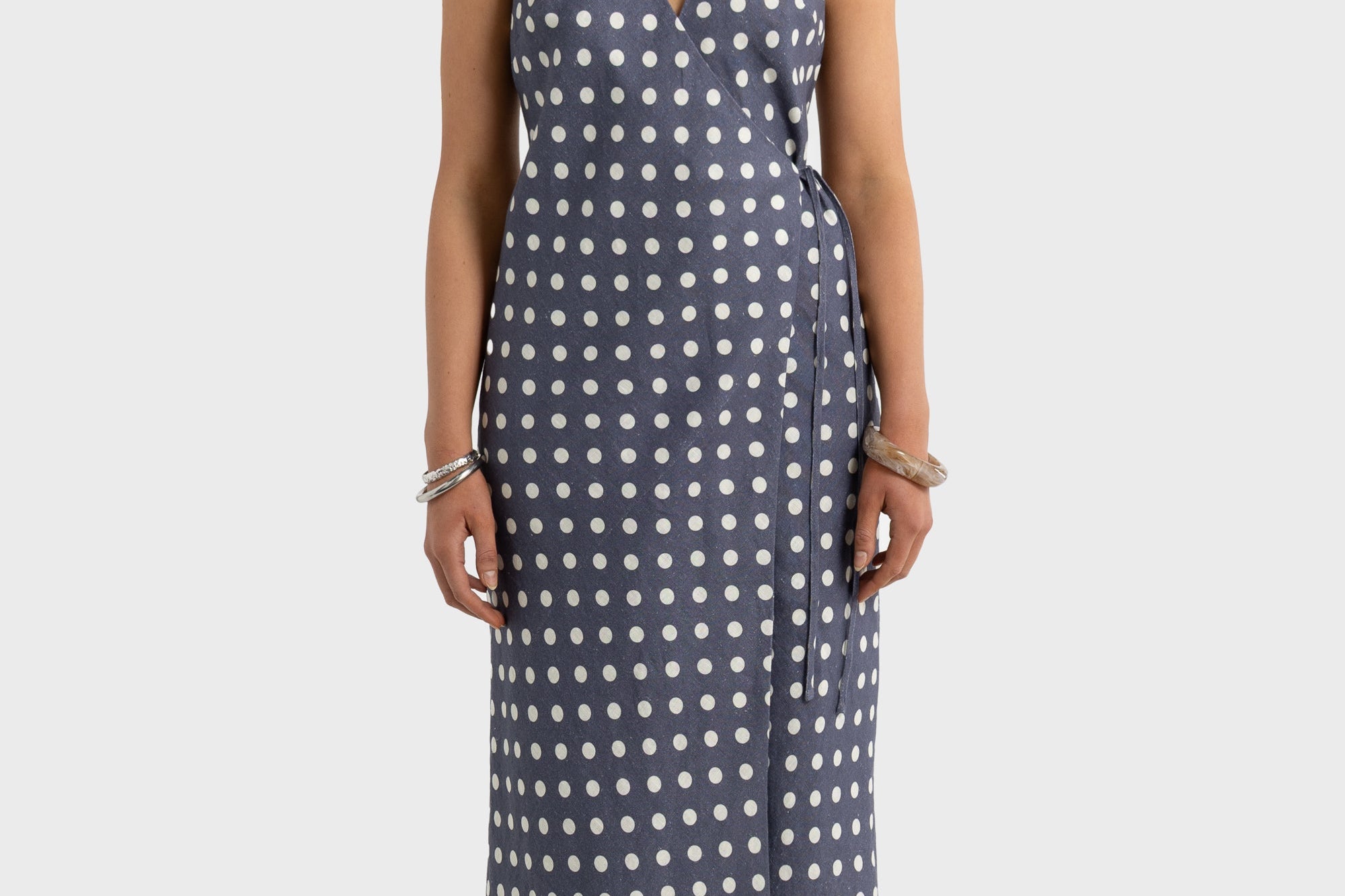ORTC Elise Linen Wrap Full Length Dress – Harbour Blue Polkadot – product view 1