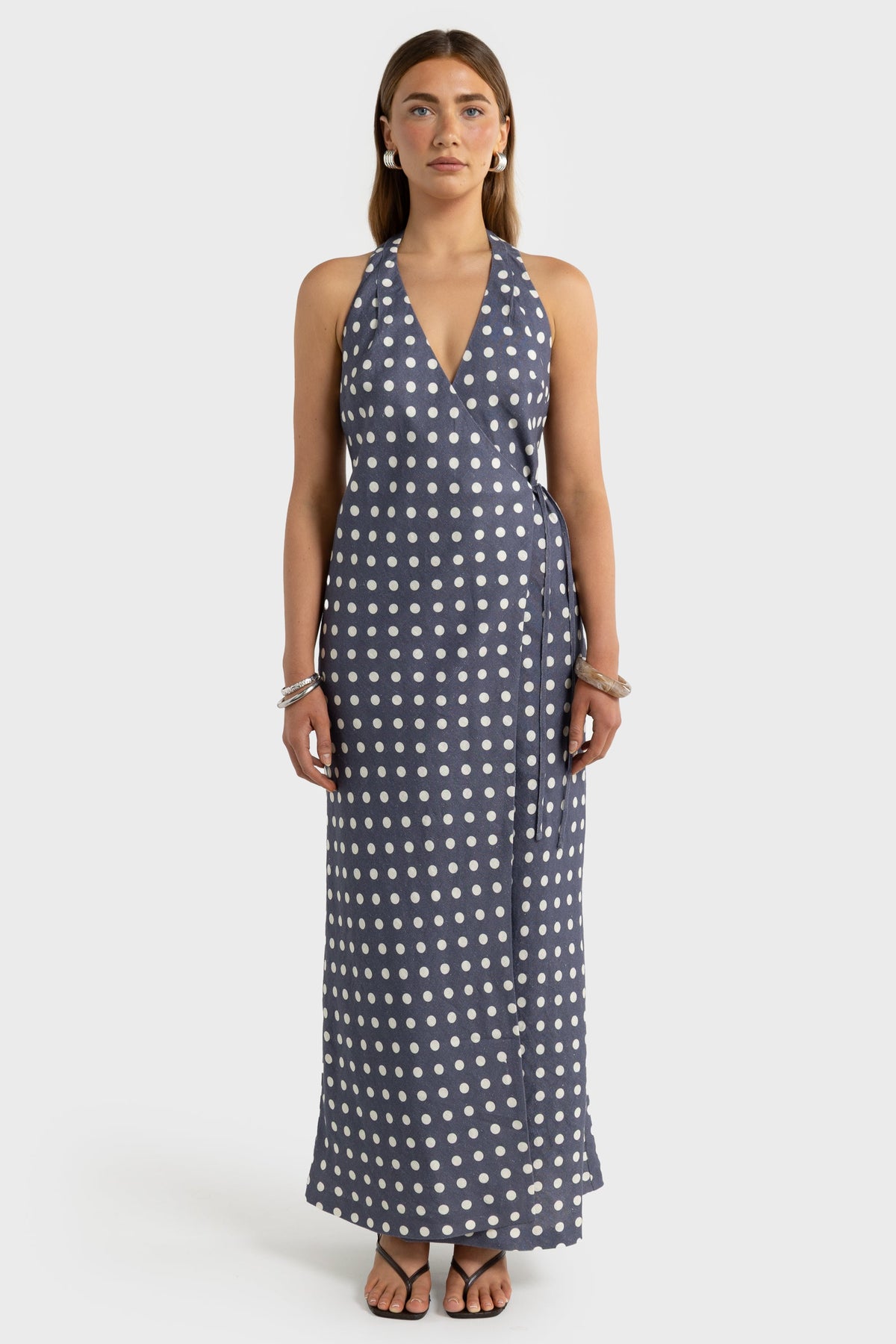 ORTC Elise Linen Wrap Full Length Dress – Harbour Blue Polkadot – product view 1