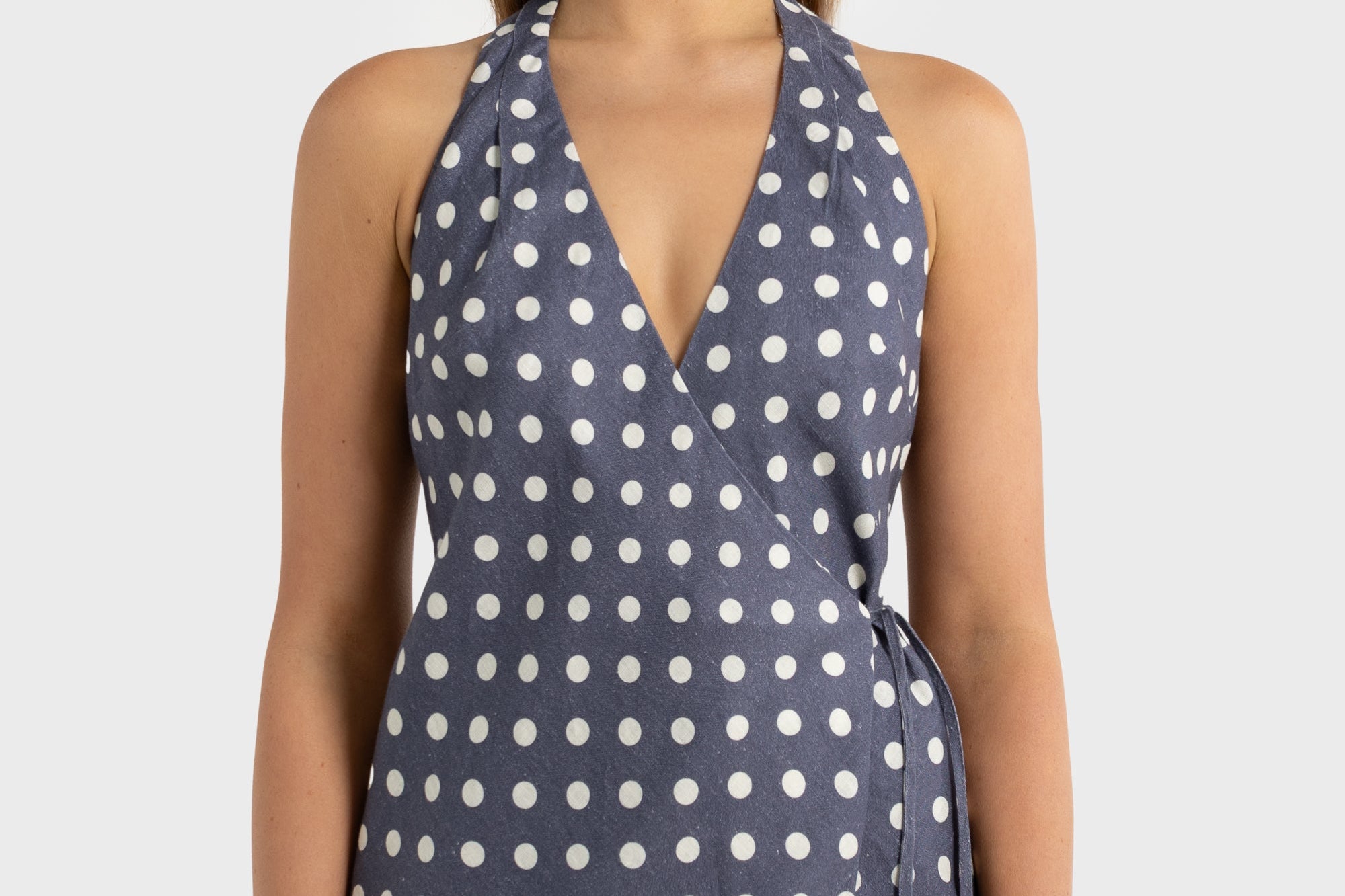 ORTC Elise Linen Wrap Full Length Dress – Harbour Blue Polkadot – product view 2