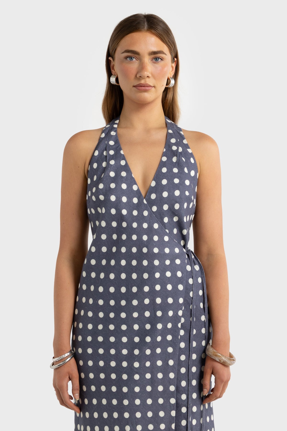 ORTC Elise Linen Wrap Full Length Dress – Harbour Blue Polkadot – product view 2