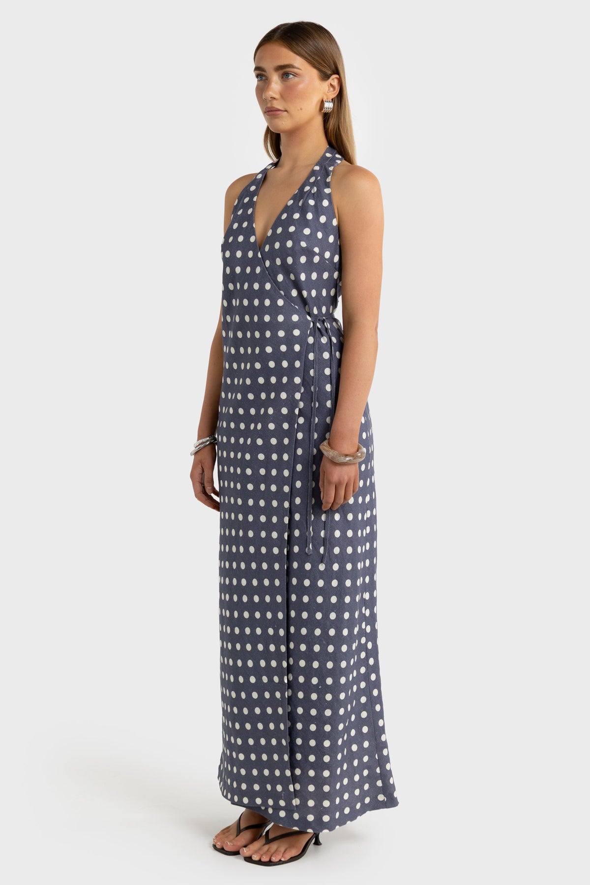 ORTC Elise Linen Wrap Full Length Dress – Harbour Blue Polkadot – product view 4