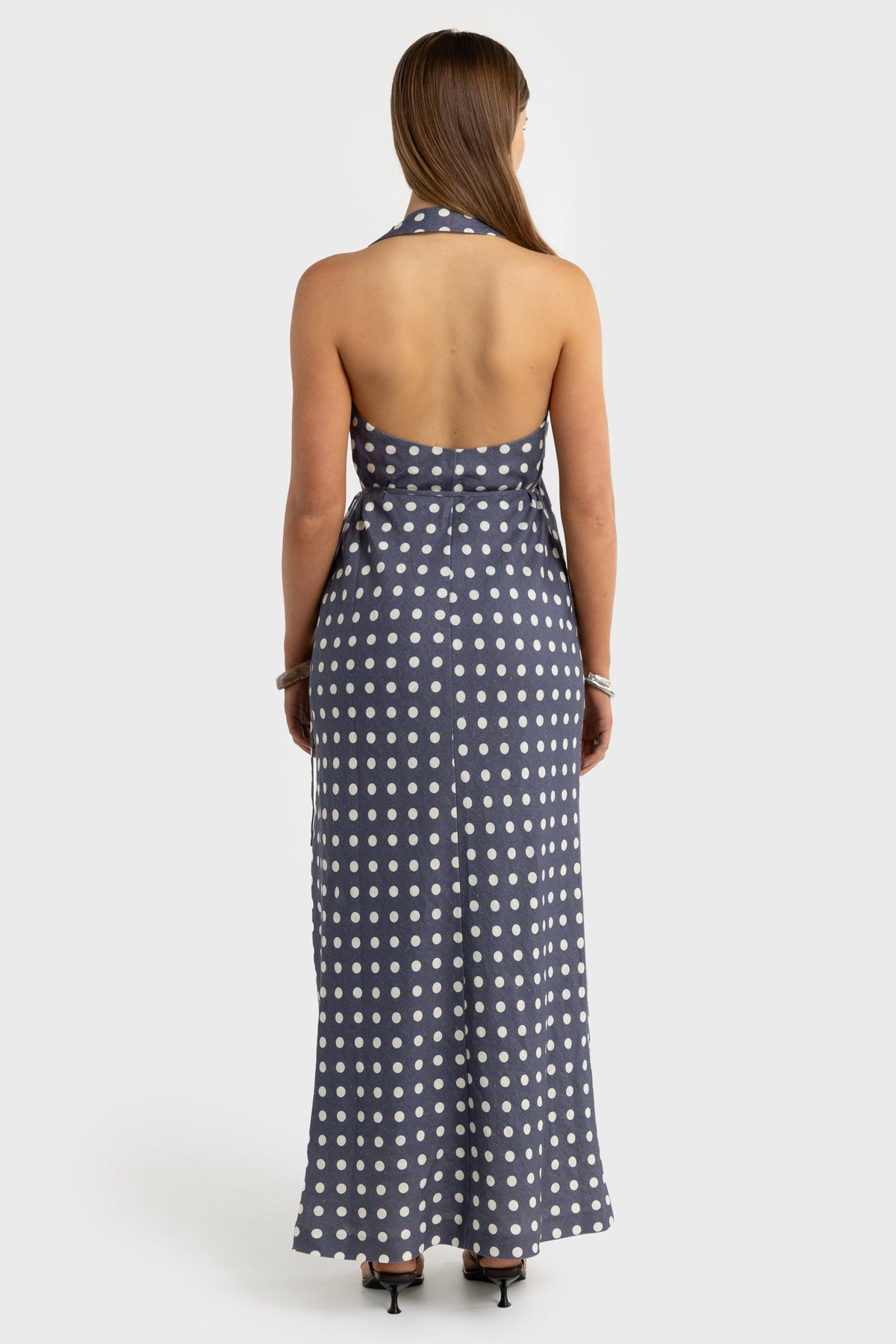 ORTC Elise Linen Wrap Full Length Dress – Harbour Blue Polkadot – product view 5